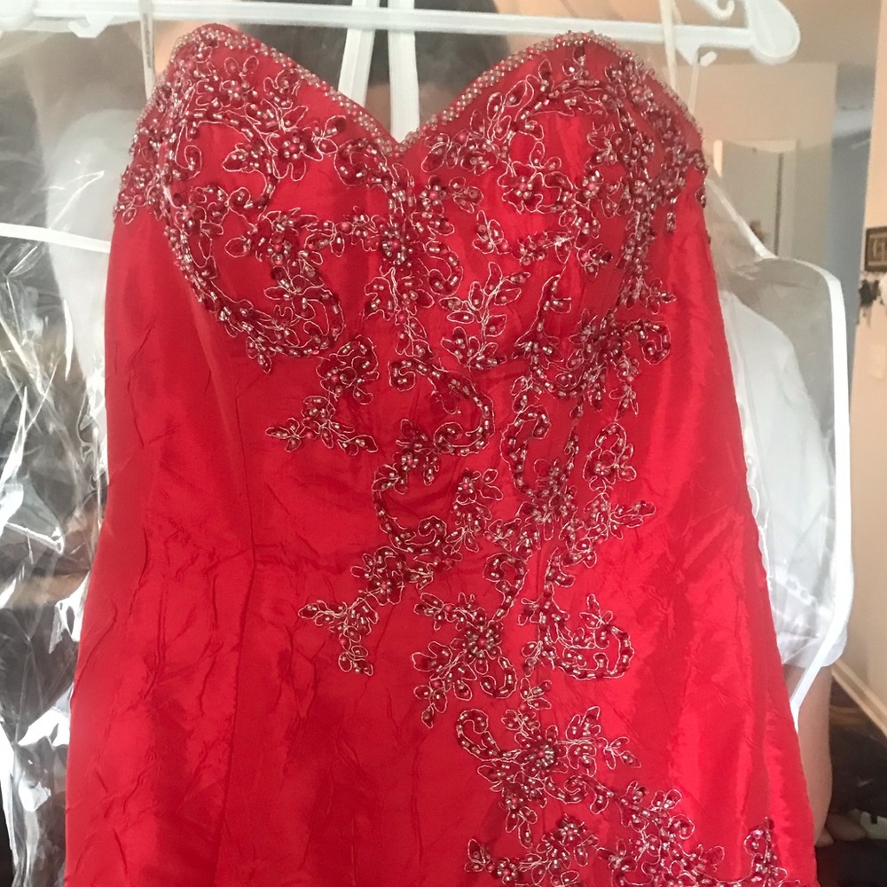 Red sweetheart beaded prom dress